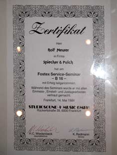 Service Zertifikat Fostex Multitrack Bandmaschine